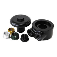 Load image into Gallery viewer, Aeroflow AF64-2098 black billet oil filter block adapter with -8 ORB ports