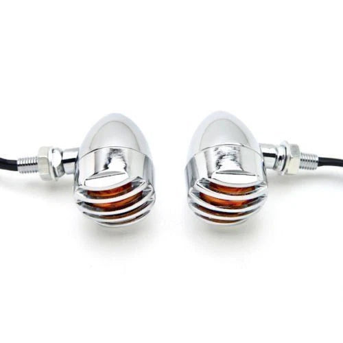 Pair Chrome Grilled Turn Signal Light Indicator Amber Lens Unviersal FOR Harley