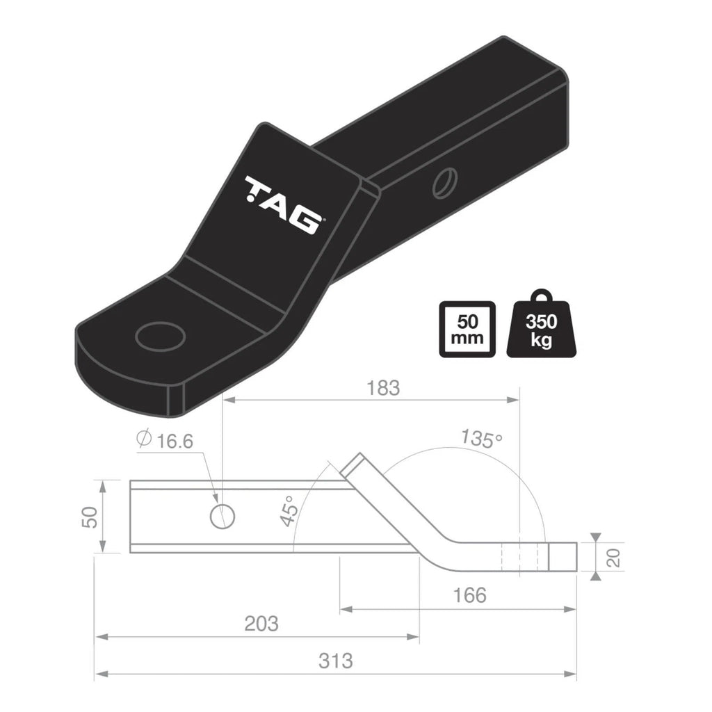 TAG Tow Ball Mount - 183mm Long, 135 Degree Face, 50mm Square Hitch L4045S