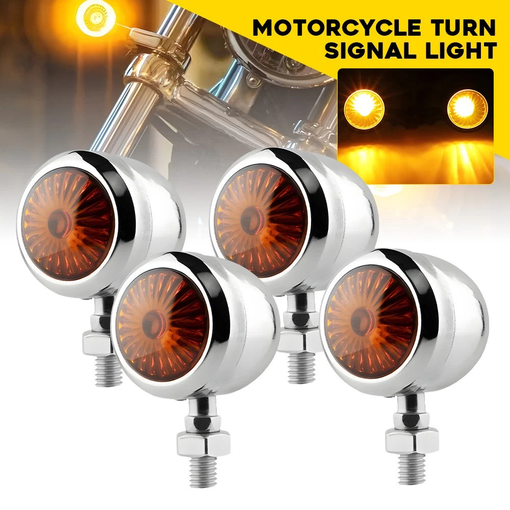 Chrome mini bullet motorcycle turn signal lights with amber bulbs, 4-piece 12V M10 universal set