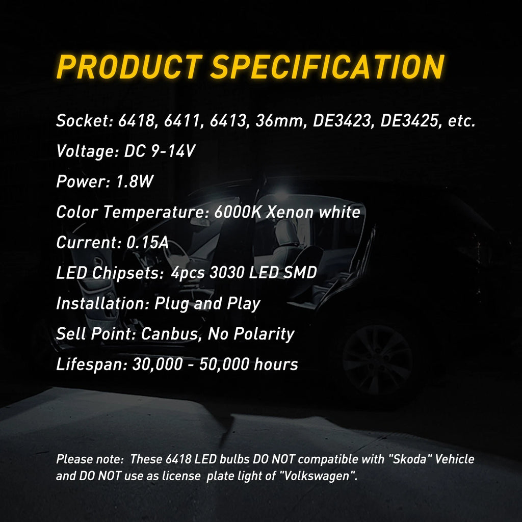 2pcs AUXITO 36MM 3030 4 LED White Festoon Interior Dome Roof Trunk Light