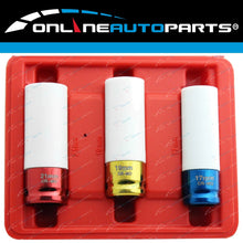 Load image into Gallery viewer, 3pce Alloy Wheel Deep Impact Nut Socket Set 17mm 19mm 21mm 1/2" Nylon Sleeve