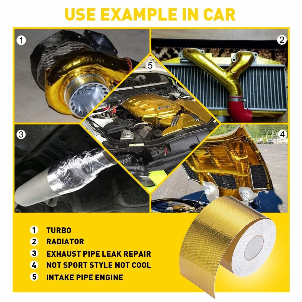 10M 5cm Wrap Gold Shield Car Tape Intake Turbo Engine Pipe Reflective Insulation