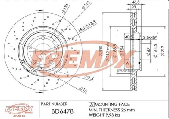 Fremax Front Disc Rotors for Mercedes Benz C320 W203 00-05 Sports Package