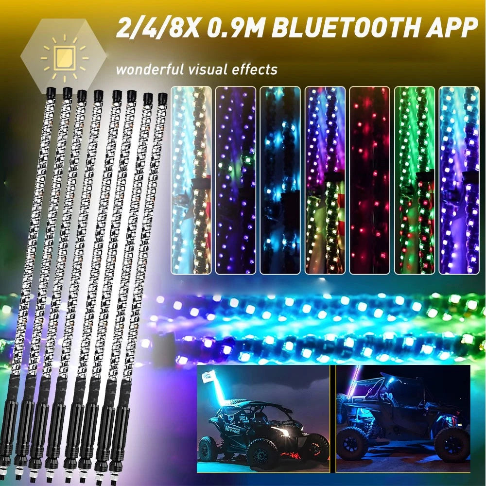 2/4/8x 3ft bluetooth RGB Spiral LED Whip Lights +Remote For ATV UTV Motorcycle
