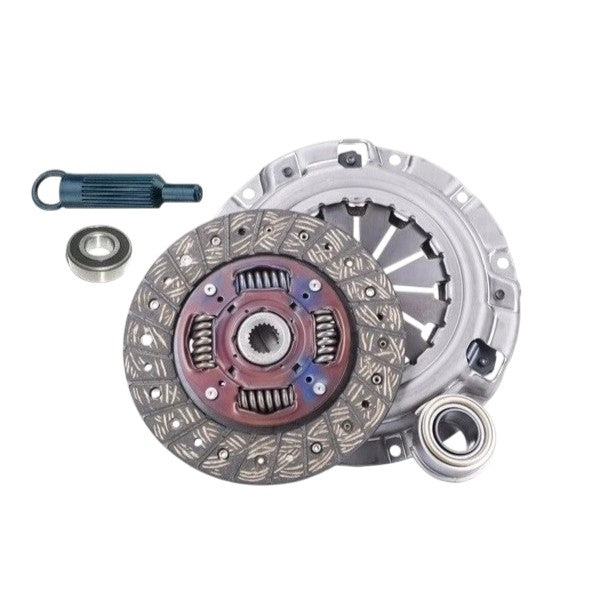 Clutch kit with clutch disc, pressure plate, and bearings on a white background Exedy OE replacement clutch kit HCK-7627 for Honda vehicles, 190mm size