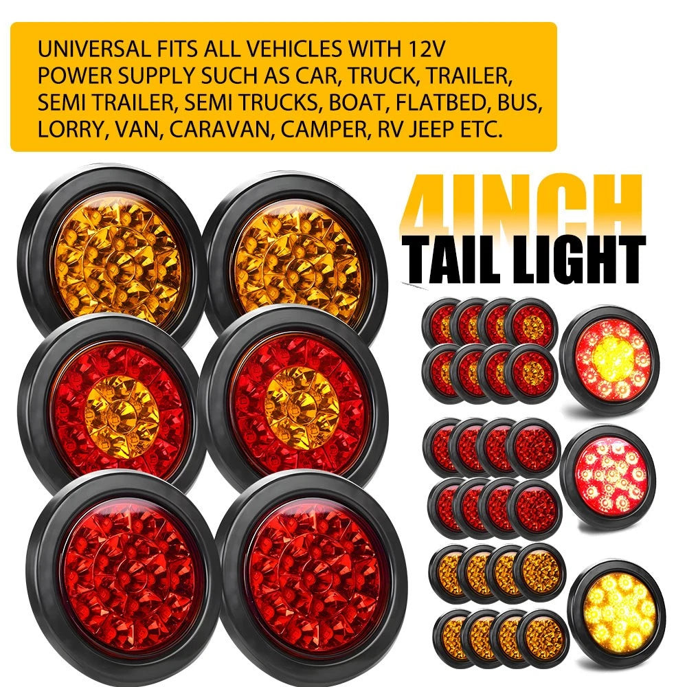 2-8X 4" Round LED Tail Lights Stop Indicator Trailer Truck Caravan Waterproof