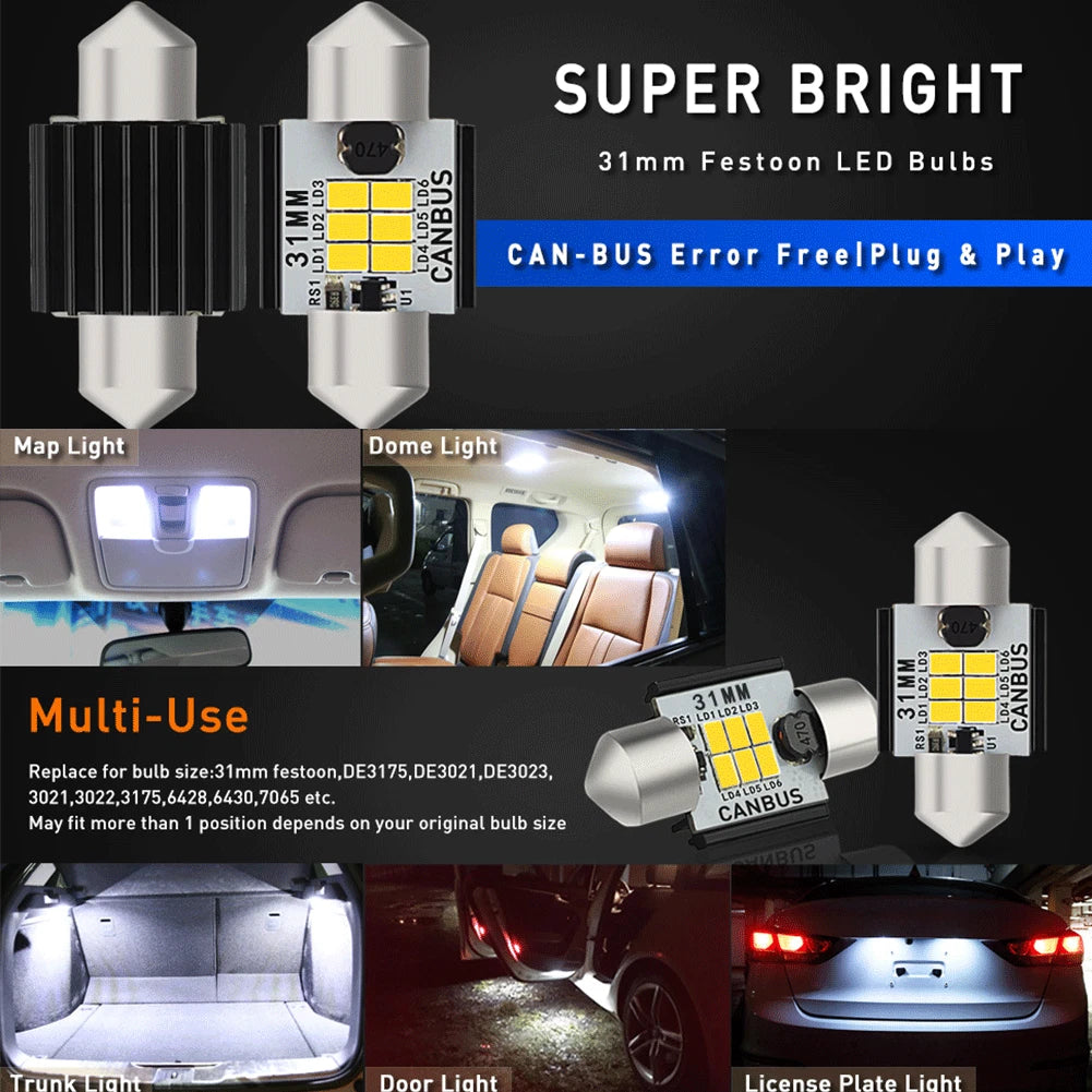 2X 12V FESTOON 31MM 3020 6 CAR LED 4WD INTERIOR UTE DOME MAP LIGHT BULB GLOBE AU