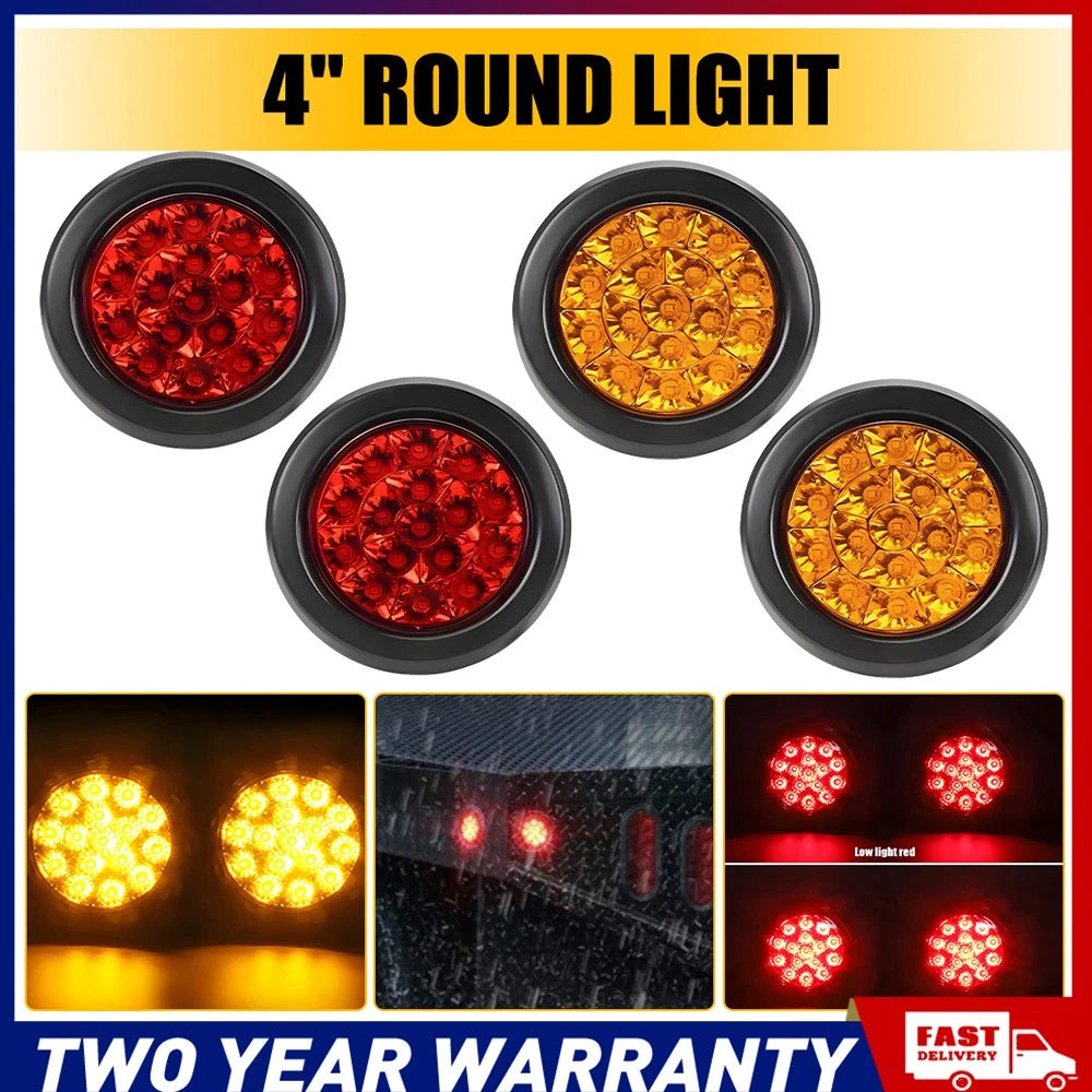Set of four 4 inch round red and amber LED tail lights for truck or trailer