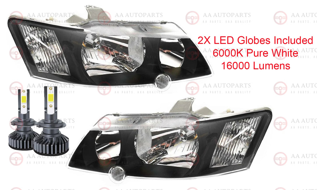 Black Headlights Pair + LED Globes For Holden Commodore VY SS SV6 SV8
