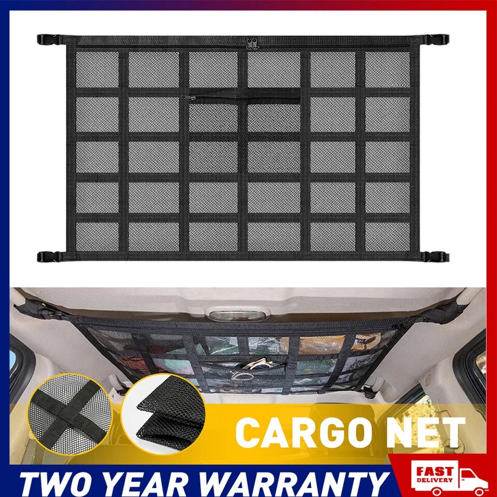 Universal black car roof cargo net ceiling storage mesh 80 x 55cm installed in vehicle interior