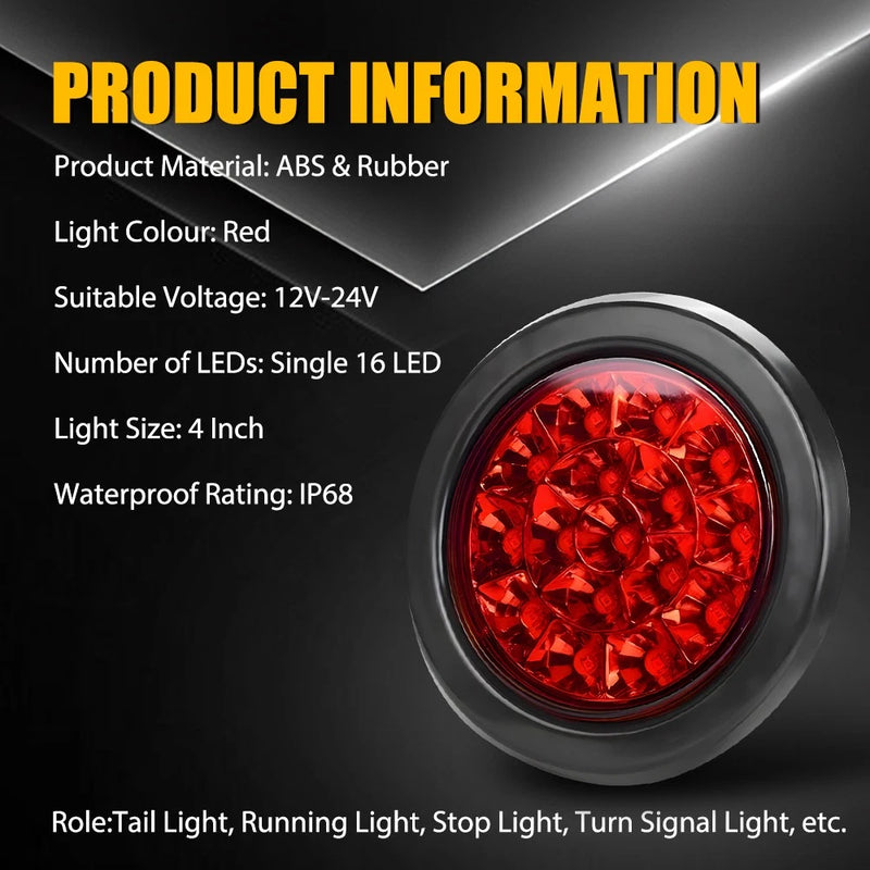 8x 4" Round Red LED Tail Lights 12V Stop Indicator Reverse for Trailer