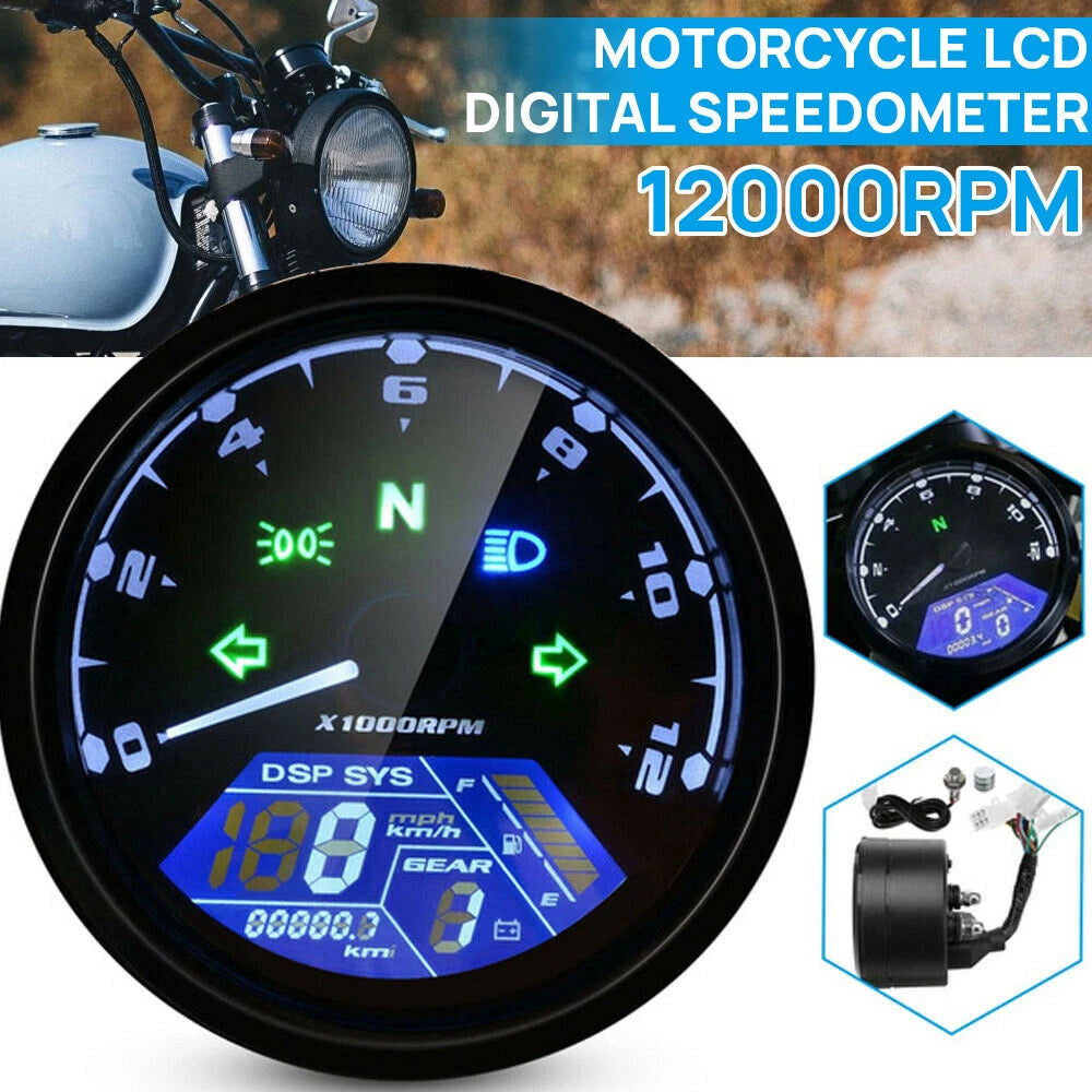 Universal Digital LCD Motorcycle Odometer Speedometer Tachometer Gauge w/ Sensor