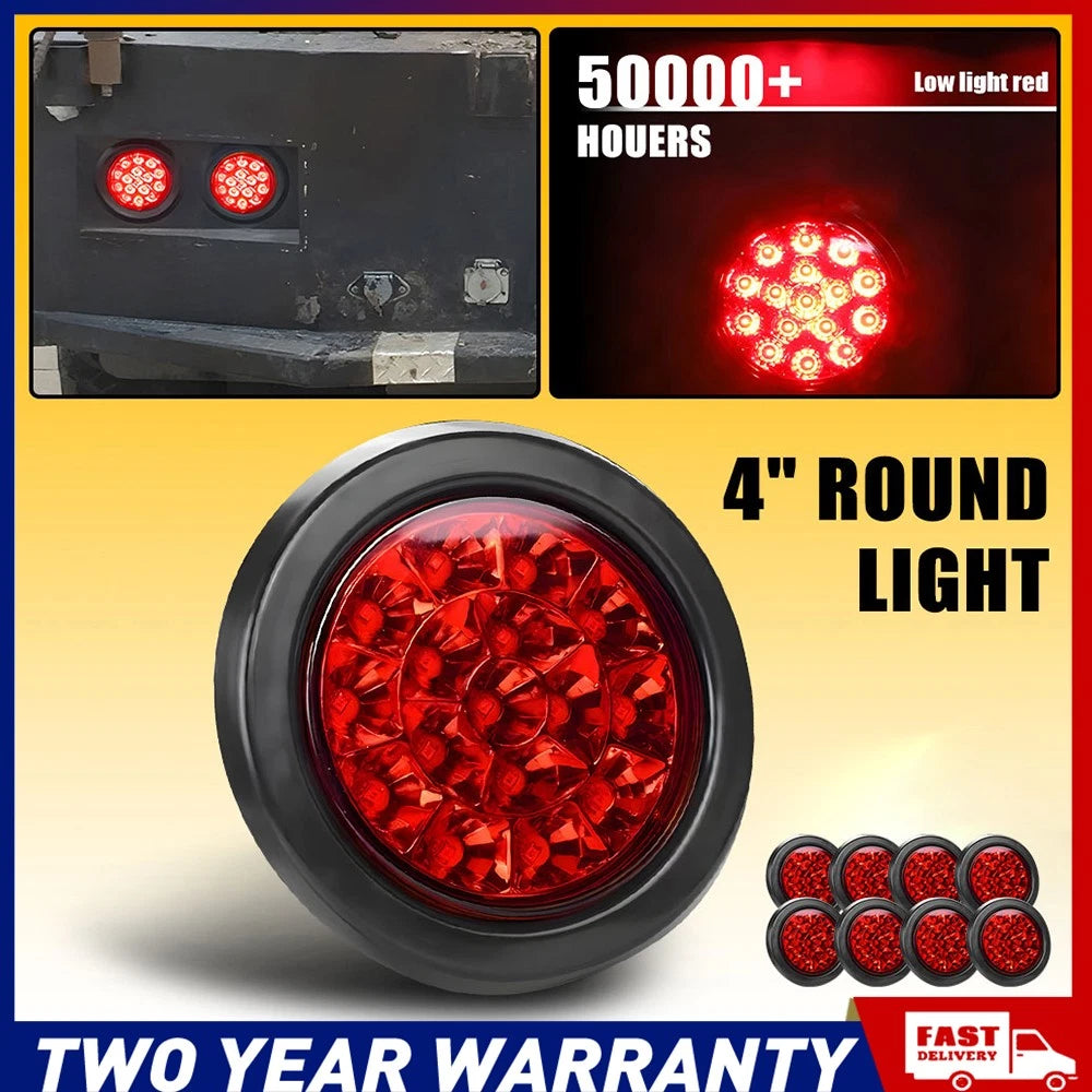 Set of eight 4 inch round red LED 12V tail lights for trailer stop and indicator use