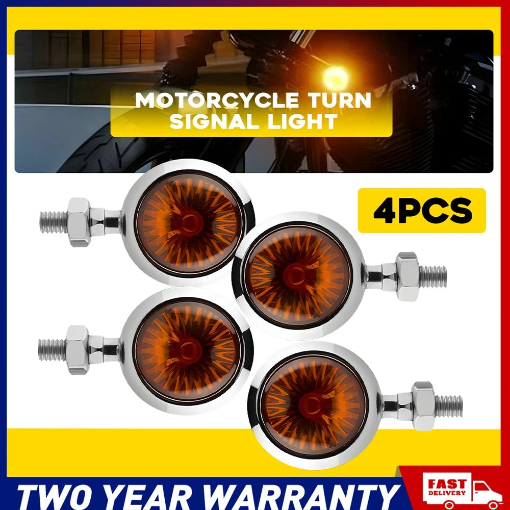 Set of 4 chrome bullet motorcycle turn signal indicator lights with amber bulbs